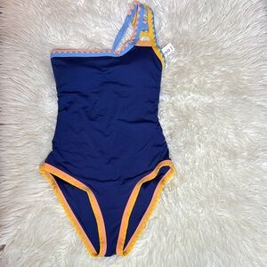 NWT Navy One-Shoulder Women One-Piece Swimsuit with Pink-Orange Trim